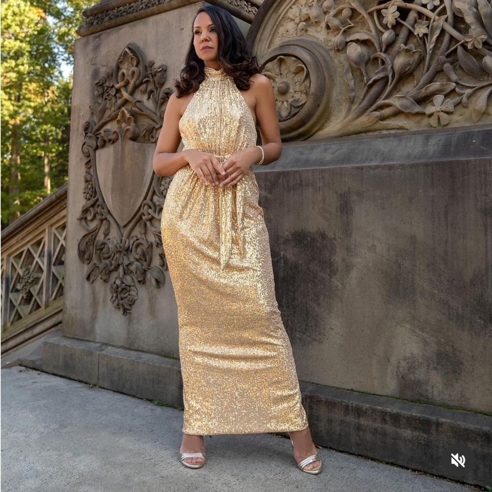 MAC DUGGAL 11281 Gold Champagne Sequin Halter Neck Belted Soft Tie Maxi Dress 14 - Picture 2 of 15